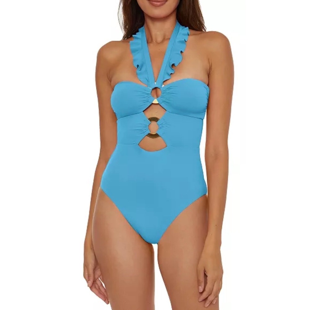 Soluna Swim Blue Ruffled Halter Ring One Piece Swimsuit Monokini Large NEW